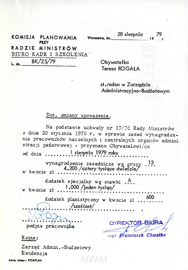 KKE 5830.jpg - Dok. Pismo wystawione przez Komisje Planowania przy Radzie Ministrów dla Teresy Rogala dotyczące podwyżki pensji, Warszawa, 28 VIII 1979 r.